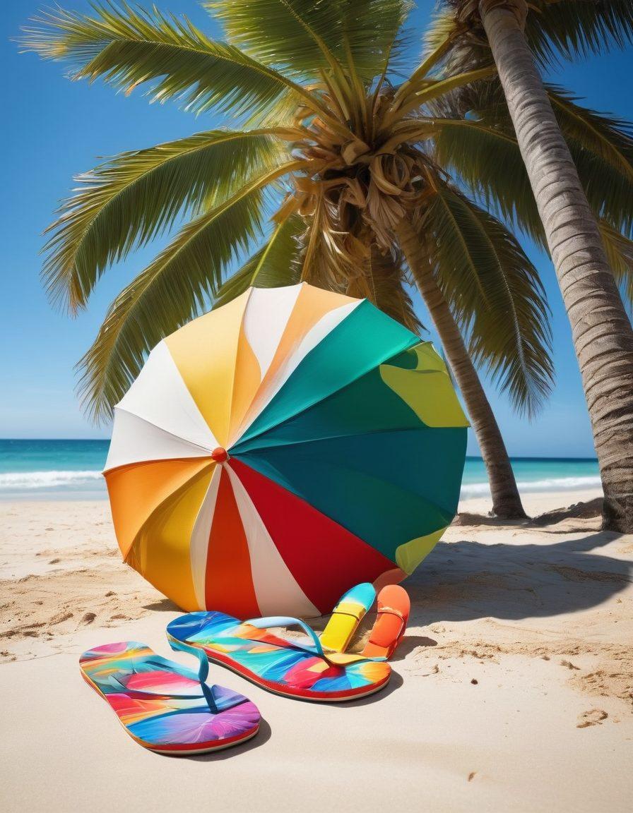 A stylish beach scene featuring a vibrant beach umbrella, a chic sun hat, colorful flip flops, and trendy sunglasses on a sandy shore. The background showcases clear blue water with gentle waves and a few palm trees swaying in the breeze. Add a playful beach ball and a stylish beach tote to enhance the vibe of poolside perfection. bright colors. tropical theme. super-realistic.